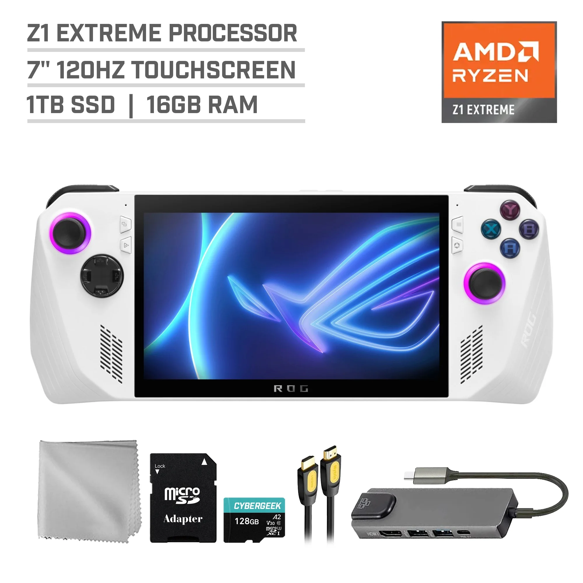 ASUS ROG Ally 1TB SSD Gaming Handheld 7-inch Touchscreen 120Hz FHD 1080p AMD Ryzen Z1 Extreme Processor, Mytrix Hub, 128GB MicroSD Card, 4 Accessories: 5 in 1 Bundle
