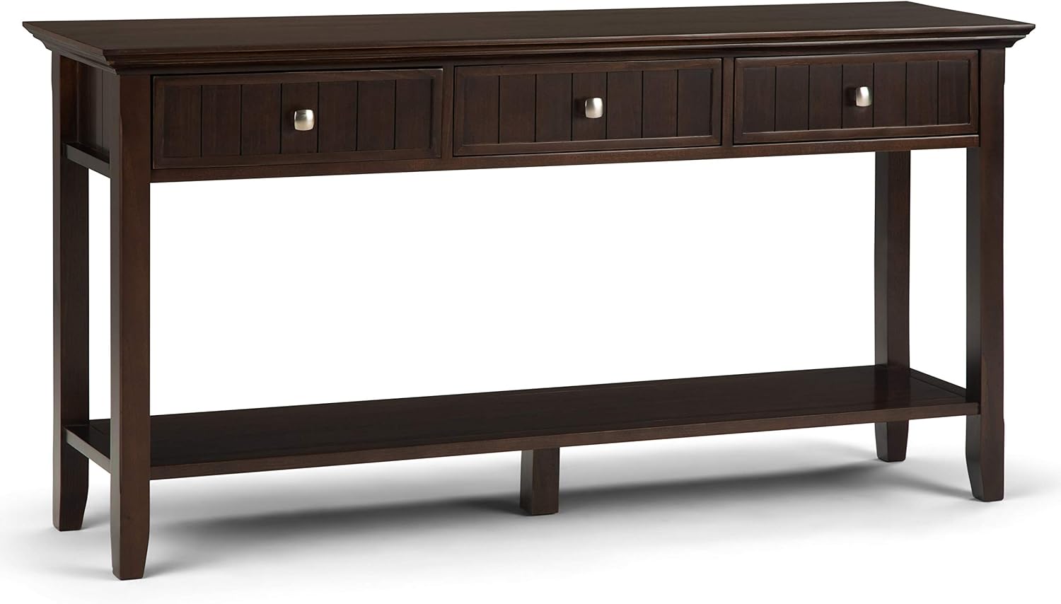 SIMPLIHOME Acadian SOLID WOOD 60 inch Wide Rustic Contemporary Modern Wide Console Sofa Entryway Table in Brunette Brown with Storage, 3 Drawers and 1 Shelf, for the Living Room, Entryway and Bedroom