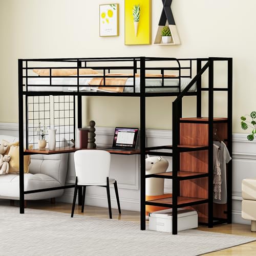 Twin Size Loft Bed with Wardrobe,Metal Bed with L-Shape Desk and Lateral Storage Ladder, Modern Loft Bed Frame with High Guardrail and Metal Grid for Adults, No Box Spring Needed (Black, Twin)