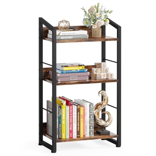 Hosfais Book Shelf Small Bookshelf - 3-Tier Wood Bookcase Industrial Bookshelf Metal Narrow Bookcase Storage Organizer Display Rack for Bedroom Living Room Home Office (Black)