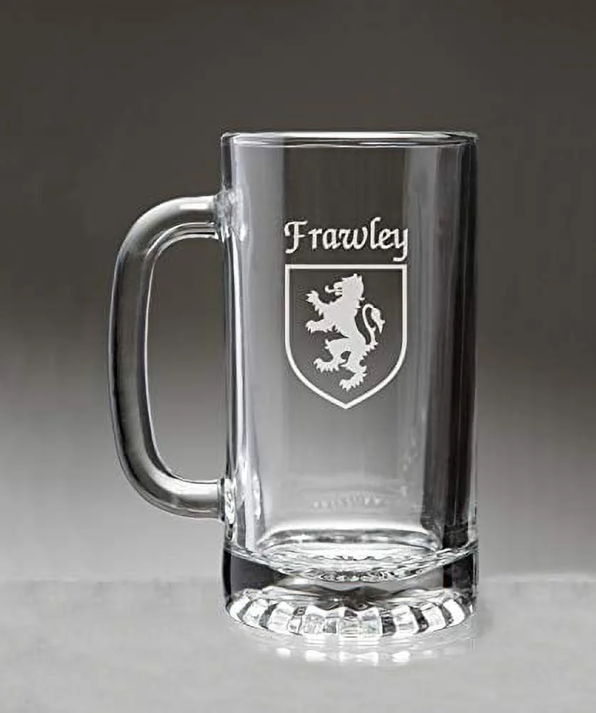 Frawley Irish Coat of Arms Glass Beer Mug (Sand Etched)