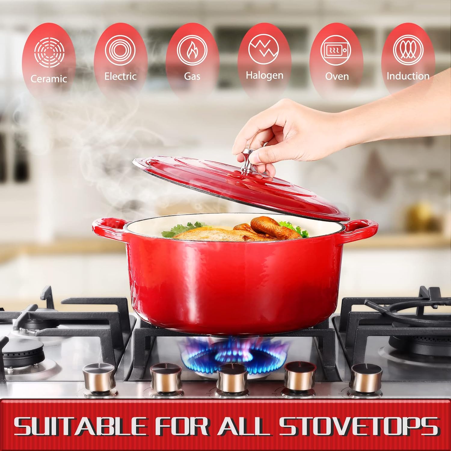 4.5 Quart Enamel Cast Iron Dutch Oven with Loop Handles, Covered Dutch Oven, Enamel Stockpot with Lid, Red