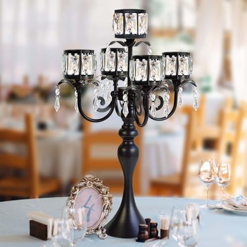 2Pcs Black 5-Arm Crystal Pendant Metal Candle Holder with Square Crystal Bowl, 22-Inch Tall Wedding Table Centerpiece for Holiday Party Events, Christmas, Birthday Decorations