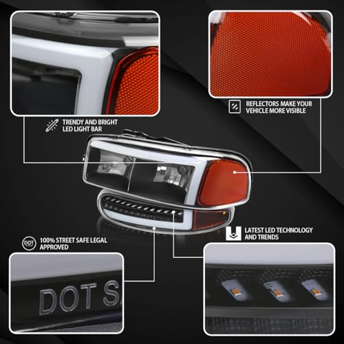 AUTOZENSATION Compatible with 2000-2006 GMC Sierra Denali, Yukon XL Denali, Black Smoke LED Tube Headlights + Sequential Bumper Lights