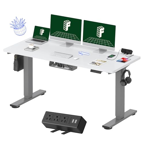 FLEXISPOT EN2 Whole-Piece Standing Desk with Clamp Power Strip, 55 x 28” Electric Stand Up Height Adjustable Desk with Cable Management (Black Frame + 55