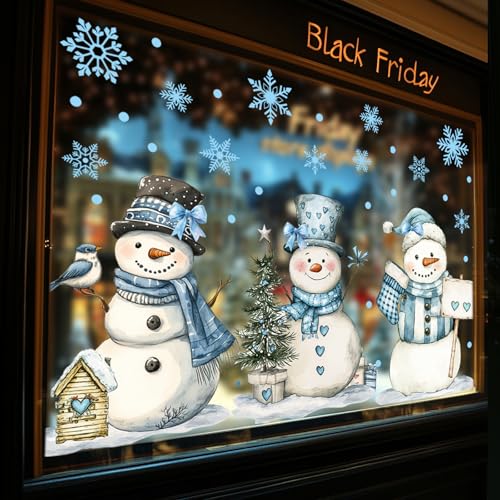 Whaline 13.8 x 35.4'' Extra Large Christmas Window Clings 3 Sheets Blue Snowman Snowflake Window Stickers Double Sided Glass Decals for Winter Xmas Home Classroom Office Party Decoration