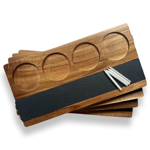 Wooden Flight Board Set – Wine, Beer, Whiskey, Mimosa, and Cocktail Tasting Tray – Acacia Wood Serving Board with Slate Chalkboard – Home Bar & Entertaining Gift (Set of 4, 16x8 inches)