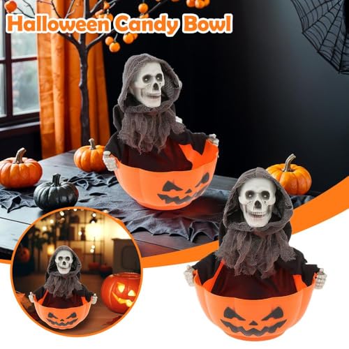 Halloween Candy Bowl, Halloween Animated Skeleton Candy Dish with Motion Activated, Screaming Skull Candy Holder, Screaming Witch Holder with Light up Red Eyes and Creepy Sound Scary