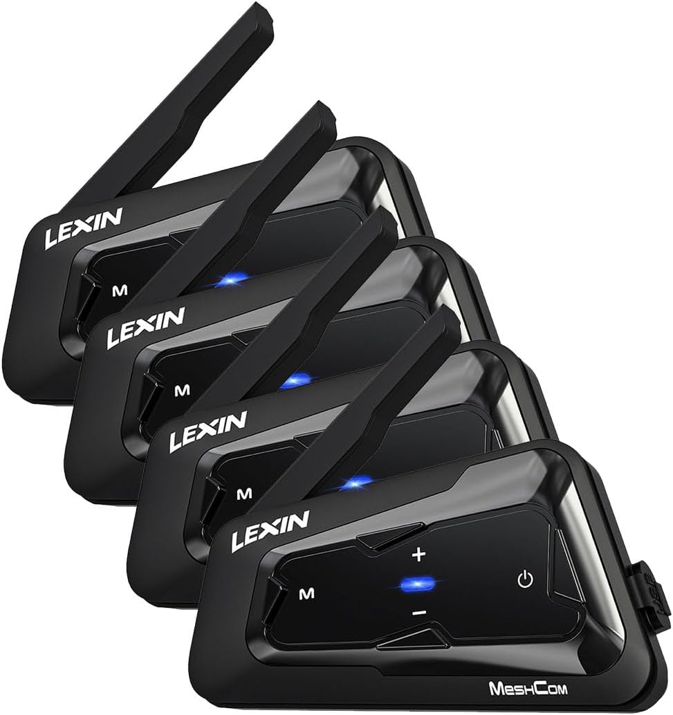 LEXIN MTX Motorcycle Bluetooth Headset, Mesh Intercom 24 Riders, Audio Multitasking Helmet Bluetooth Communication System, Waterproof/Voice Assistant/FM Radio/Music Sharing for Snowmobile, 4 Pack