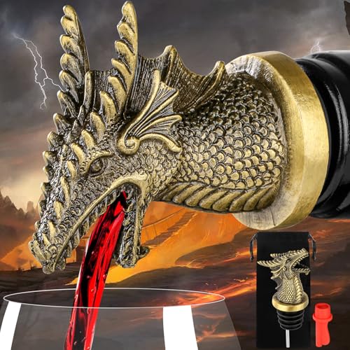 LKKCHER Dragon Head Liquor Pourers Spout for Alcohol Spirits, Dragon Gifts 2-In-1 Wine Bottle Pourer and Stopper for Men Women, Wine Accessories Gifts, Bronze with Bag