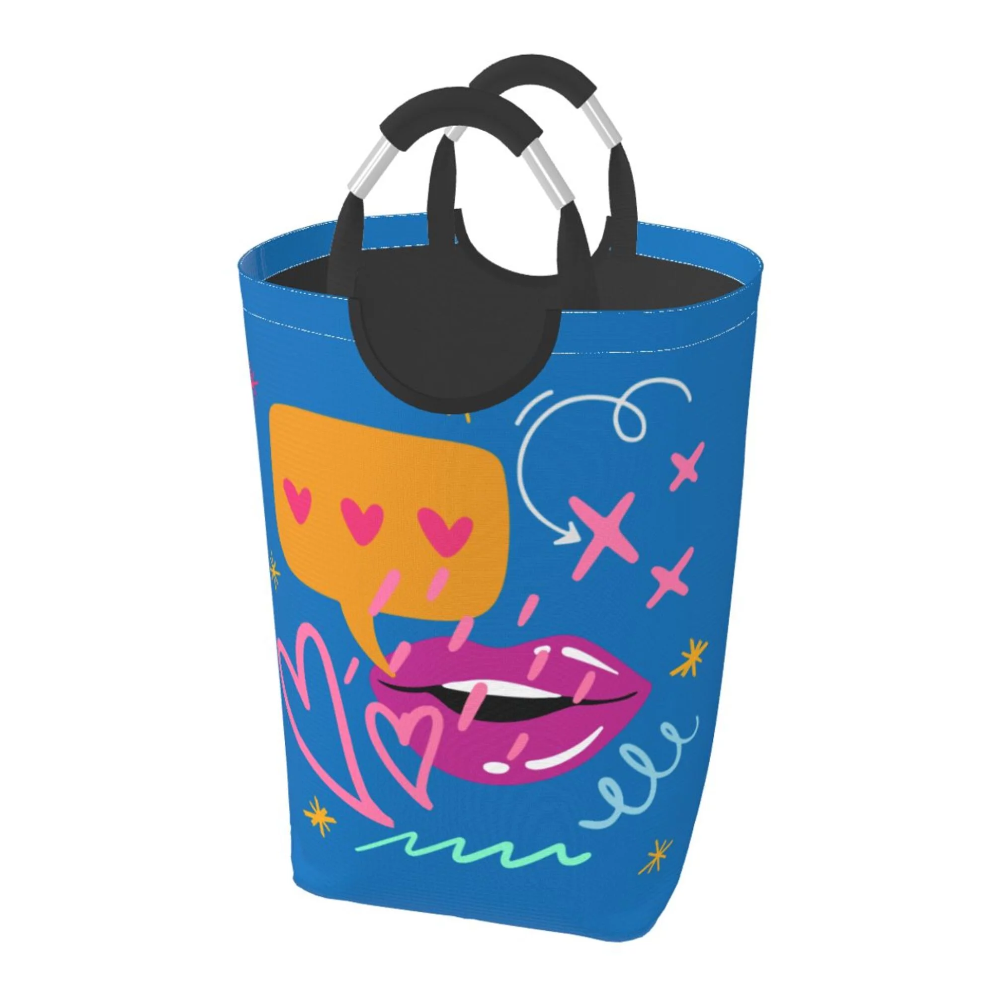 TEQUAN 50L Large Rectangular Laundry Hamper with Aluminum Handles, Love Heart Lips Fashion Symbol Prints Waterproof Foldable Dirty Clothes Basket