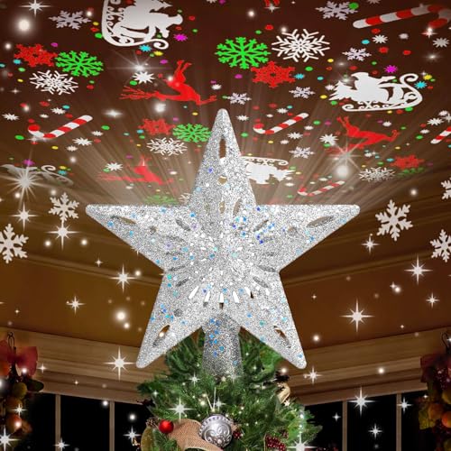 Kesfitt Christmas Tree Topper Sliver Lighted with 6 Projection Modes,Christmas Star Tree Topper Built-in LED Rotating Lights, 3D Glitter Dynamic Projection for Xmas Party Holiday Decorations