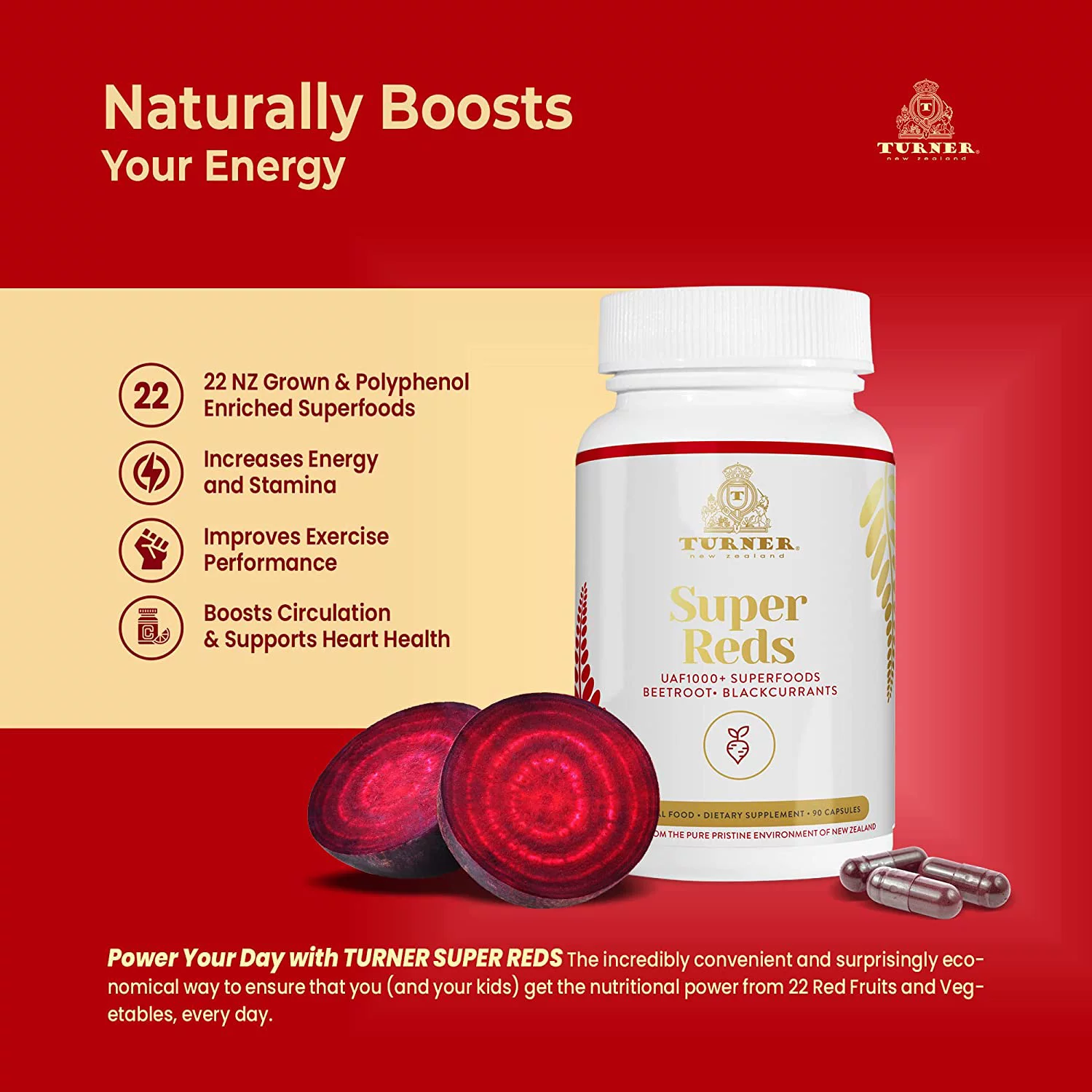 TURNER UAF1000+ Super Reds Capsules, Antioxidants, Superfood Energy, Essential Veggies, 360 Pills, 4 Bottles