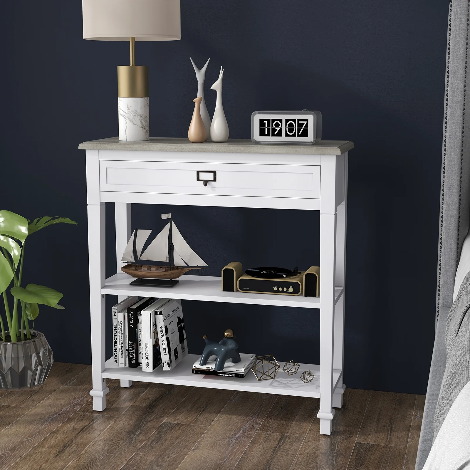 Kinbor Accent Console Table with Drawer and Storage Shelf, Wood Sofa Table for Entryway Hallway, White