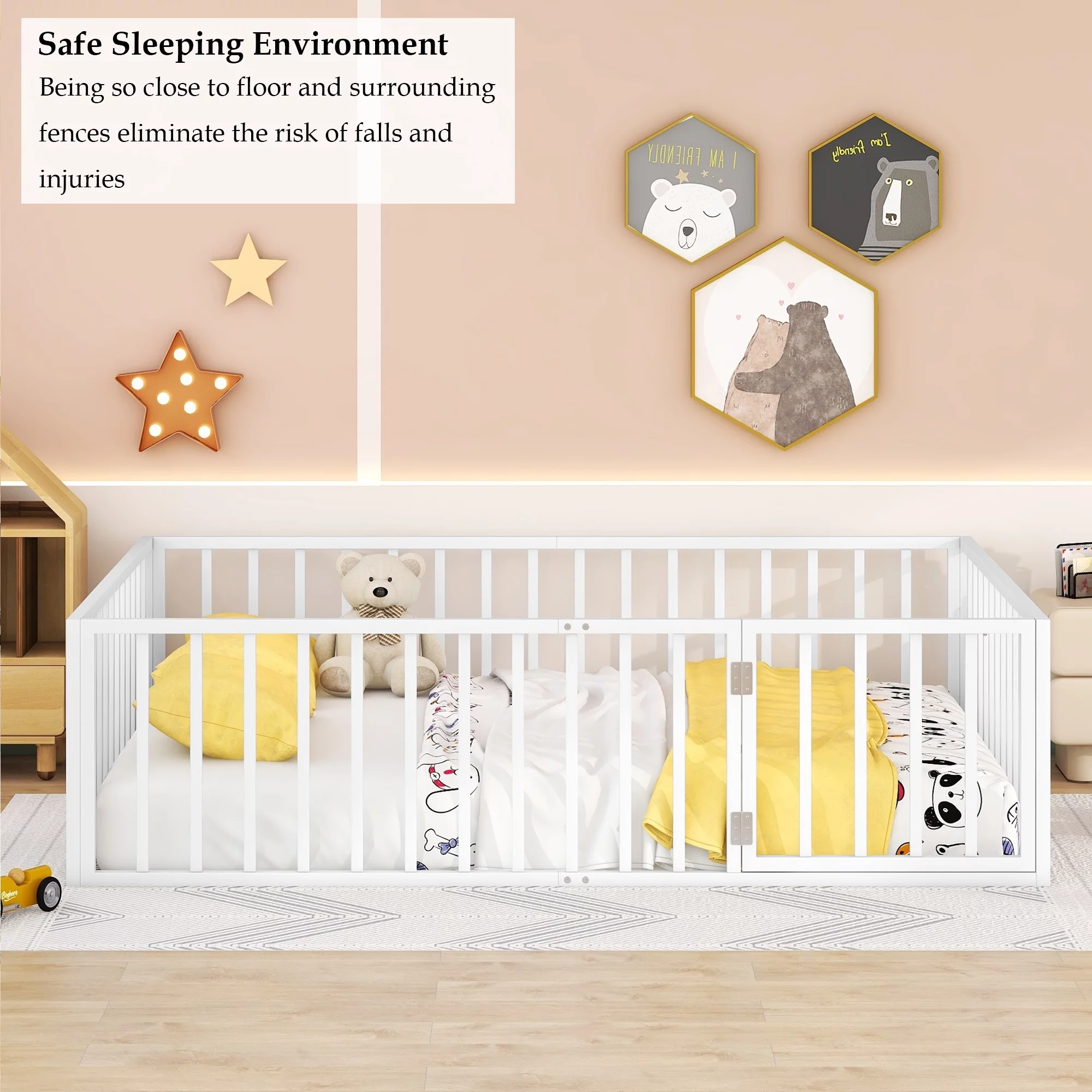 Bellemave Queen Floor Bed with Fence Rails and Lockable Door Queen Metal Floor Bed for Toddler, Child, Boys, Girls Metal Bed Frame Montessori Floor Bed Play Area for Kids, White