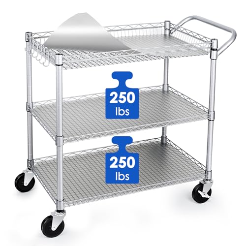 WDT Heavy Duty 3 Tier Utility Cart,Wire Rolling Carts with Wheels, Commercial Grade Service Cart with Shelving Liners and Handle Bar Metal Carts for Kitchen Office Hardware (750LBS Capacity Silver)