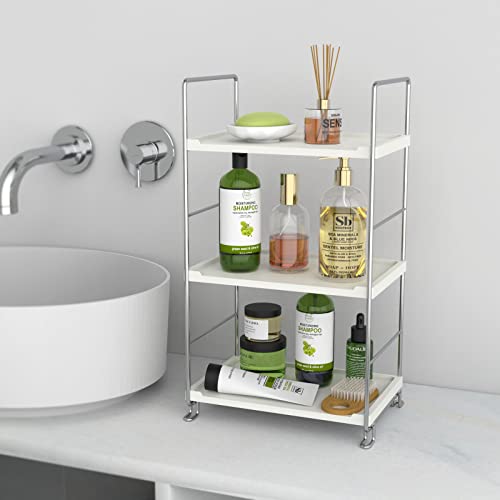 3-Tier Bathroom Organizer Countertop - Makeup Organizer Cosmetic Holder Corner Storage Shelf Kitchen Spice Rack Standing Counter Shelf for Vanity, Bathroom, Bedroom, Kitchen (Chrome)
