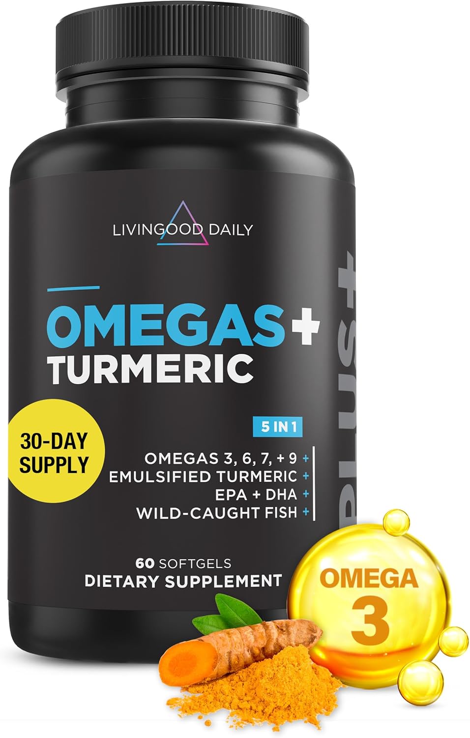 Livingood Daily Omega 3 6 9 Plus Turmeric Curcumin - Omega 3 Supplement (EPA & DHA) - Heart Health and Joint Pain Relief Supplements - 60 Softgels