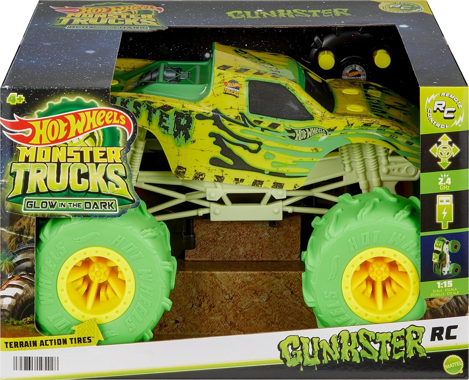 Hot Wheels Monster Trucks RC Toy, Remote-Control 1:15 Scale Gunkster, Glows in The Dark & has Terrain Action Tires with Off-Roading Capability