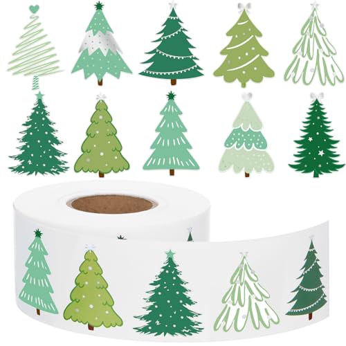 Tenare 1000 Pcs Christmas Tree Stickers Christmas Party Supplies Winter Xmas Roll Stickers Green Silver Self Adhesive Label Tag for Holiday Presents Candy Bag Decor