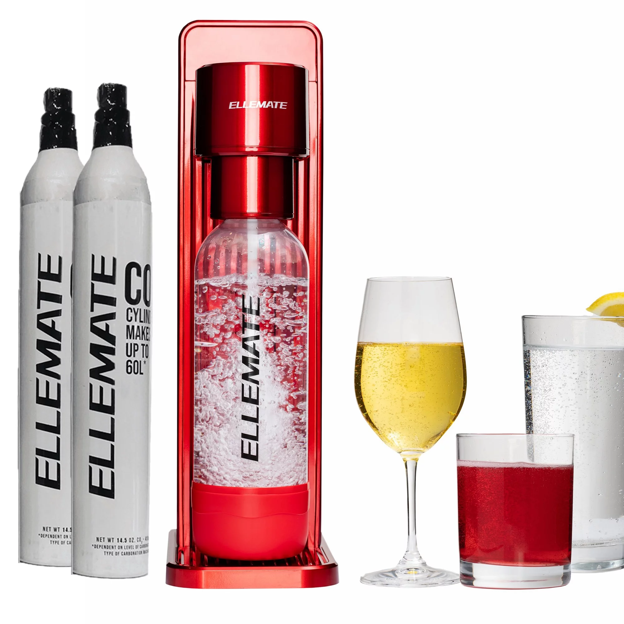 Ellemate Iconic Carbonated Drink Maker with 2 CO2 Cartridges; Fizz Soda, Water, Wine, Juice & More; One-Push Fizz Technology