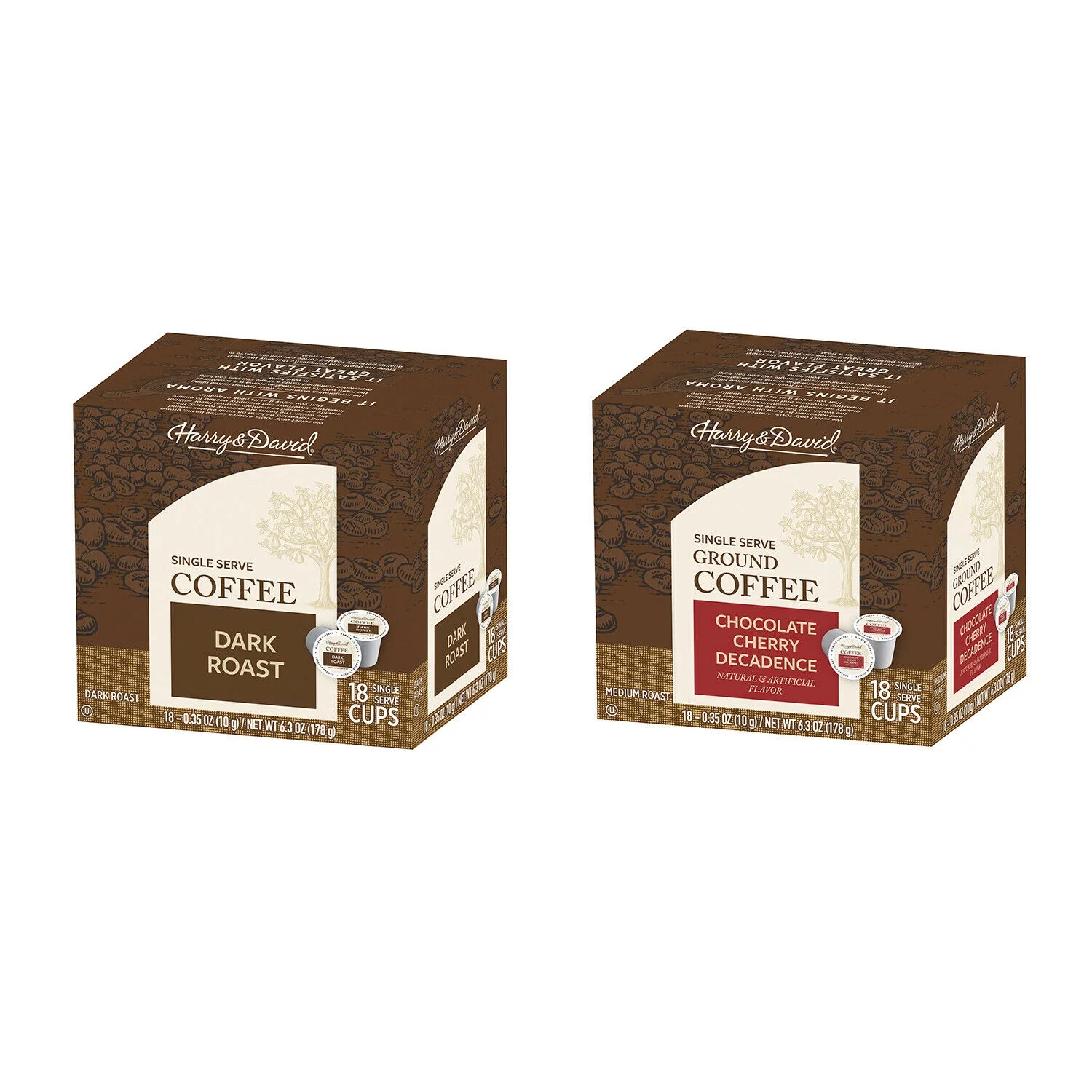 Harry & David Coffee Combo, Dark Roast-Chocolate Cherry Decadence 2/18 ct boxes