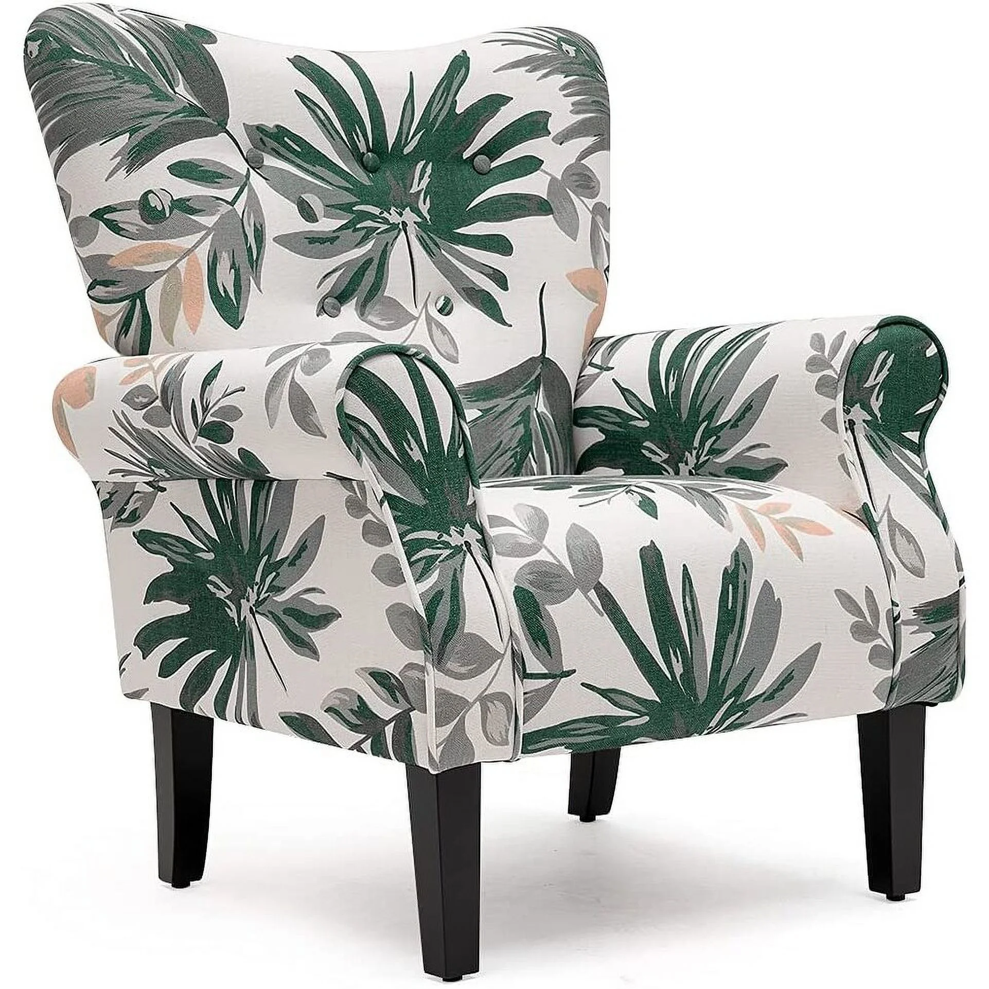 Erommy Wing back Arm Chair, Upholstered Fabric High Back Chair with Wood Legs Green leaves Floral