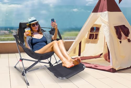 Nice C Hammock Camping Chair, Camping Chair Rocker, Swinging Chair, High Back with Stand, Cup Holder, Side Pocket, Heavy Duty (1, Black w/footrest)