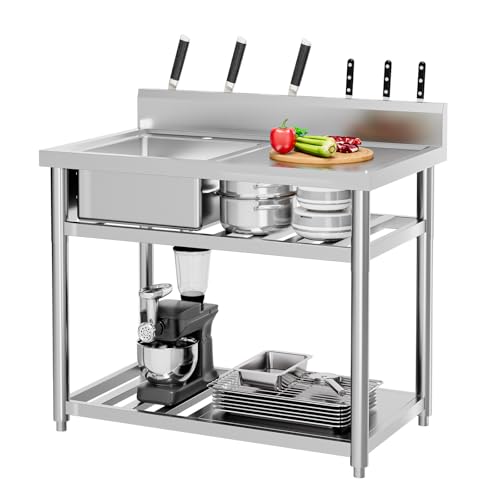 BONNLO Stainless Steel Utility Sink, Freestanding Utility Sinks with Workbench Drawer Double Shelves for Commercial Kitchen Laundry Room Farmhouse Hotel Indoor and Outdoor, 39.37