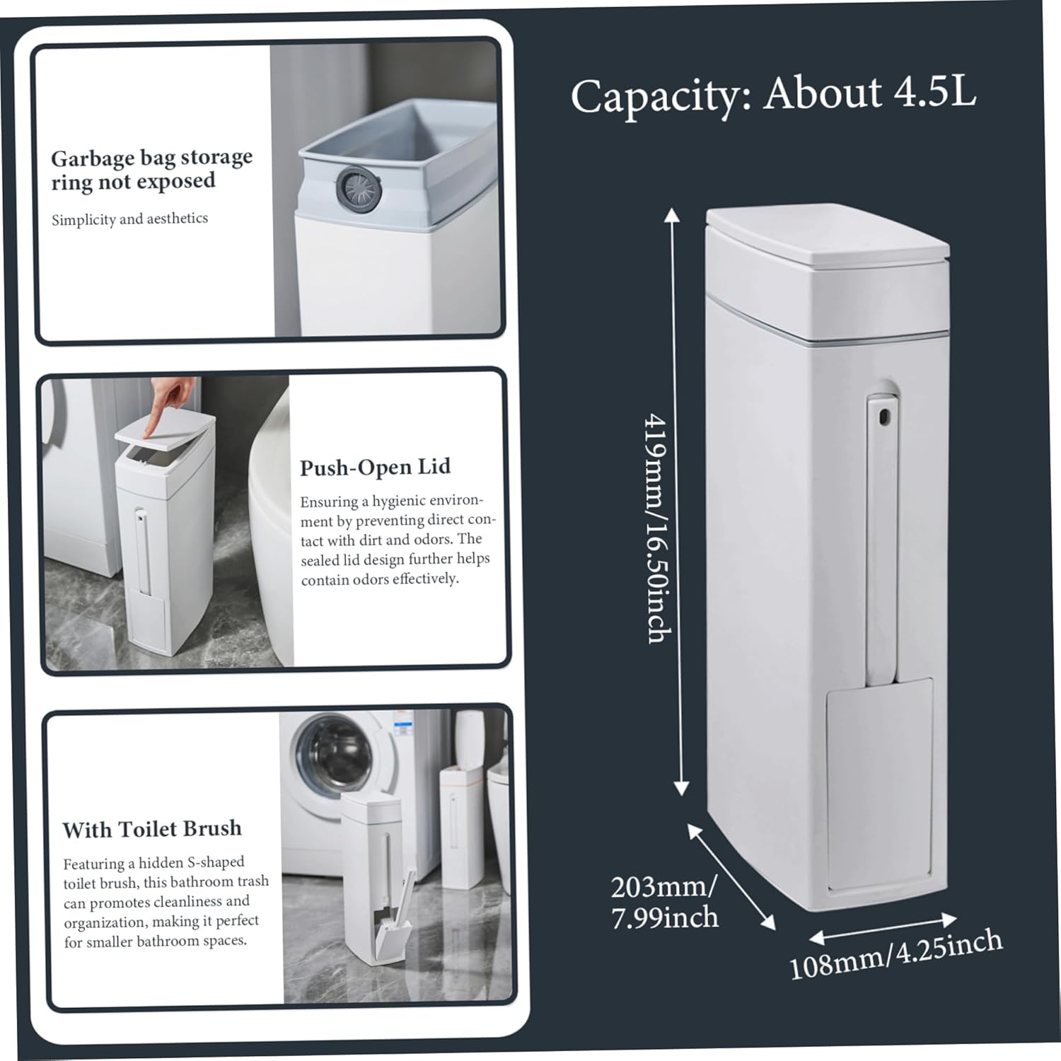 Bathroom Trash Can Set 16.5x8x4.3in 1.2-Gallon Slim Bathroom Bin with Toilet Brush Holder Press-Opening White Rectangular Toilet Trash Can Slim Trash Can with Lid Rubbish Bin Waste Paper Bin