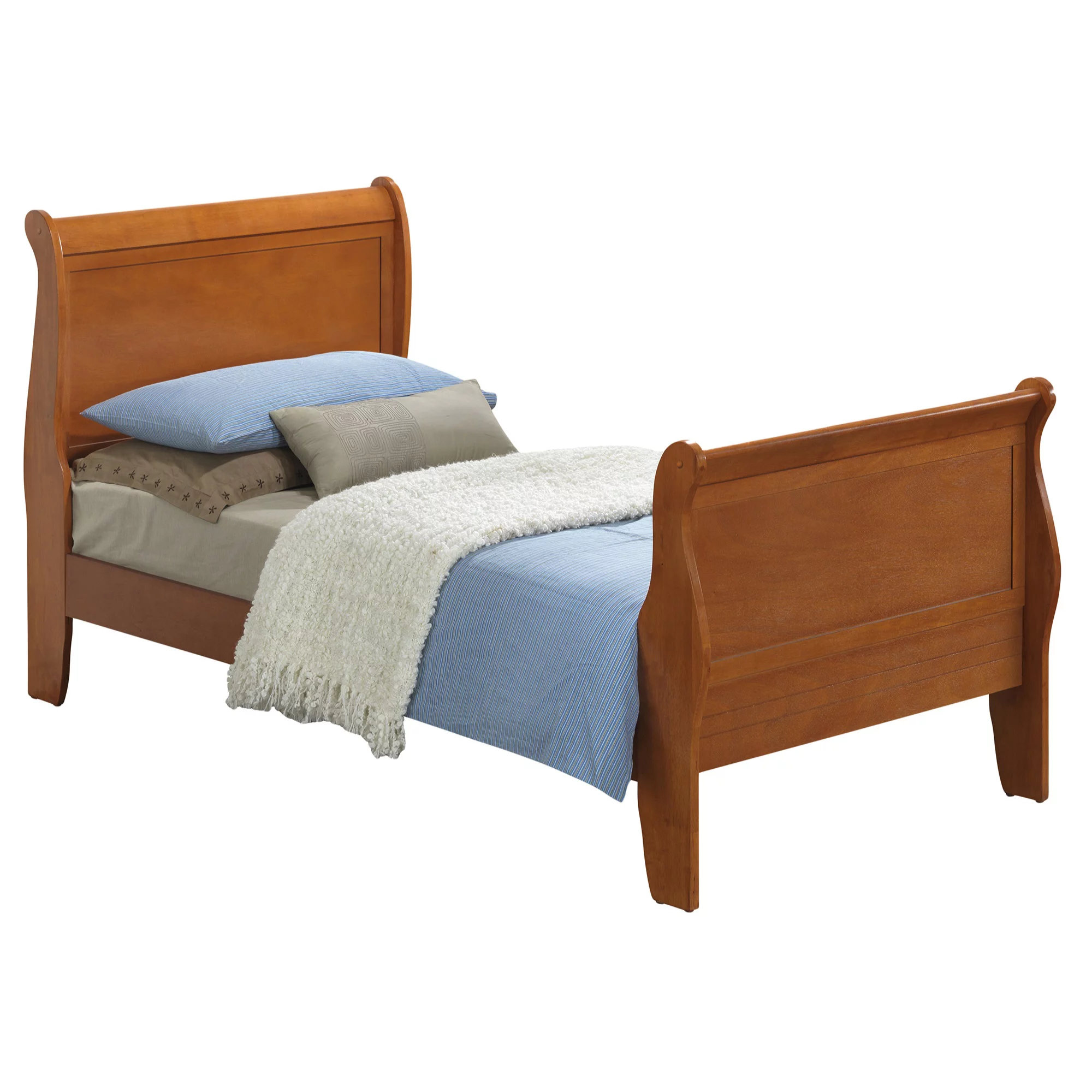 Passion Furniture  Louis Philippe Sleigh Bed with Headboard & Footboard, Oak - Twin Size