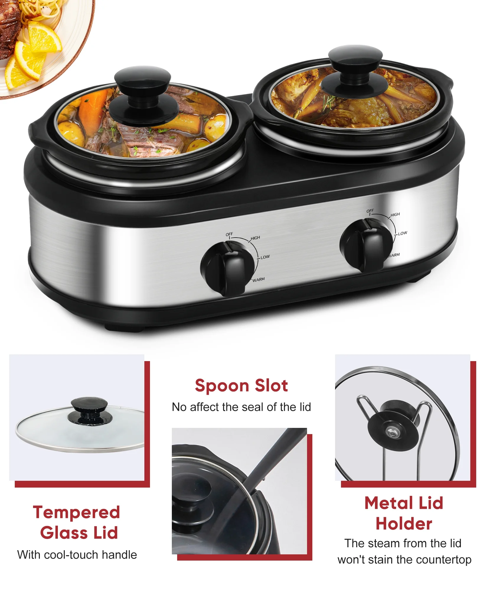 CozyHom 2.5QT Dual Pot Slow Cooker Electric Food Warmer With Adjustable Temp Stainless Steel Removable Pots Lid Rests Crock Pot