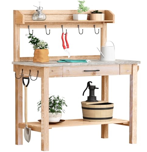 Outdoor Potting Bench Table with Metal Tabletop, Planting Table Potting Work Station with Storage Drawer and Removable Shelf Rack, Garden Potting Table for Outdoors
