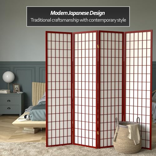 Red Lantern 6 ft. Tall Window Pane Shoji Screen-Natural-4 Panels Room Divider