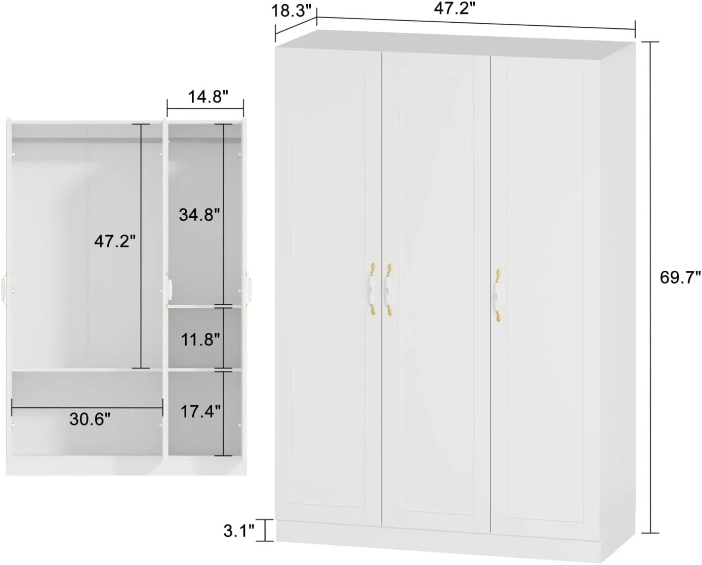 3 Door Wardrobe Closet with Ceramic Handles, Armoire Wardrobe Closet with Hanging Rod, Armoire with Shelves, for Bedroom White (47.2”W x 18.3”D x 69.6”H)