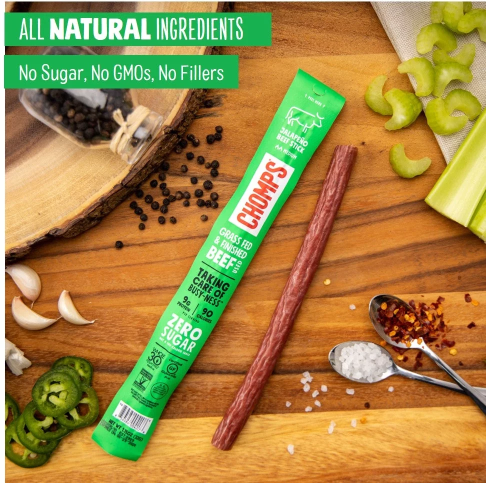 Chomps Beef Jerky Sticks, Jalapeno Beef, High Protein, Gluten Free, Sugar Free, Whole 30 Approved, 10ct 1.15oz