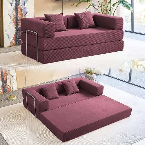 Foldable Sofa Bed, 81'' Folding Floor Couch, Compressed Convertable Sleeper Sofa, Memory Foam Couch with Pillow Back Support Armrest, 4-in-1 Futon Sofa Bed for Living Room, Black