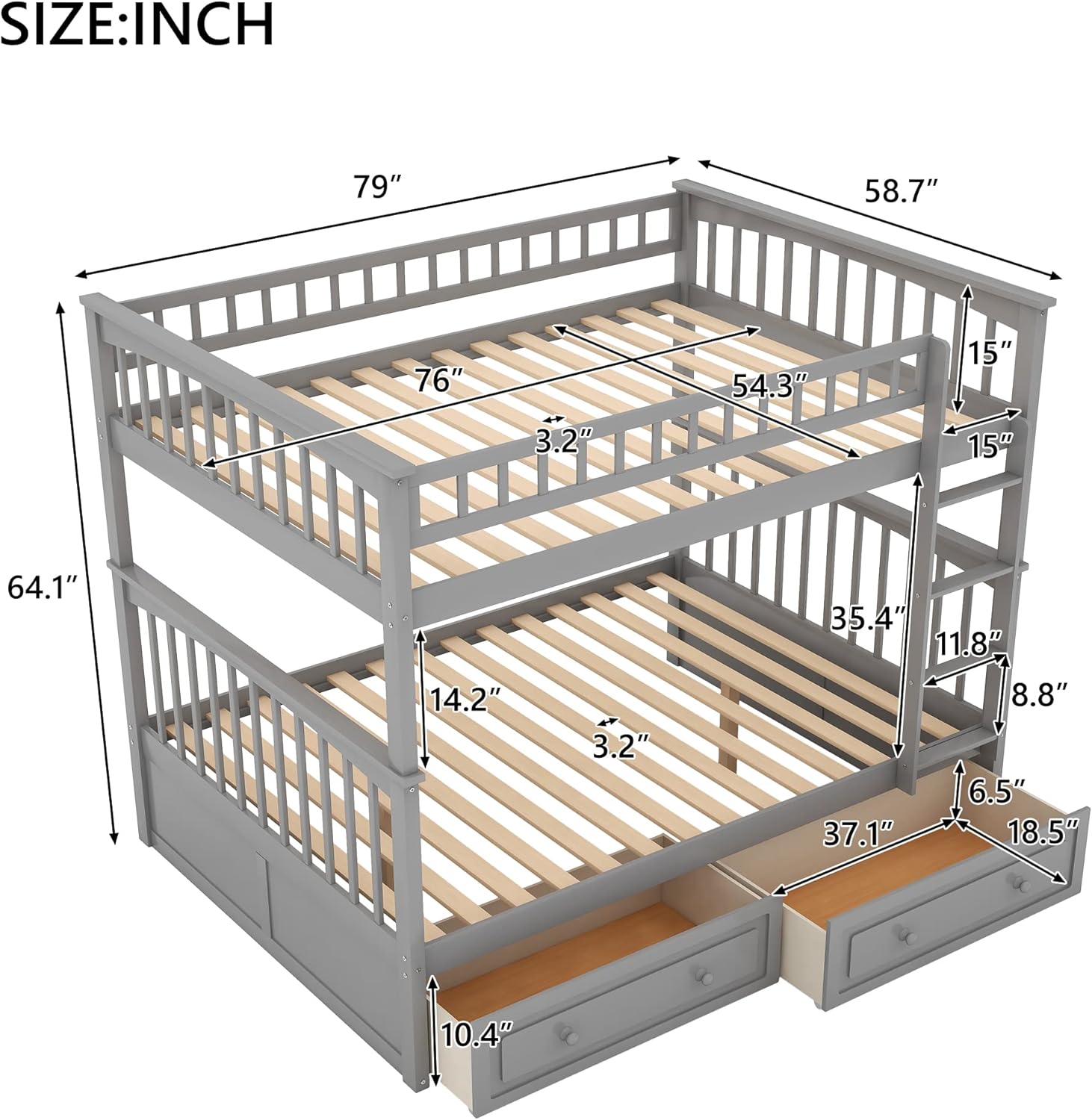 Full Over Full Bunk Bed with Drawers,Wood Bedframe Divided Into Two Full Size Daybeds for Kids Teens,Gray