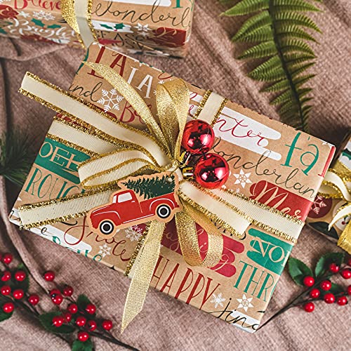 RUSPEPA Christmas Kraft Wrapping Paper - Owl, Reindeer, Christmas Ball and Text Design - 4 Rolls - 30 inches x 10 feet per Roll