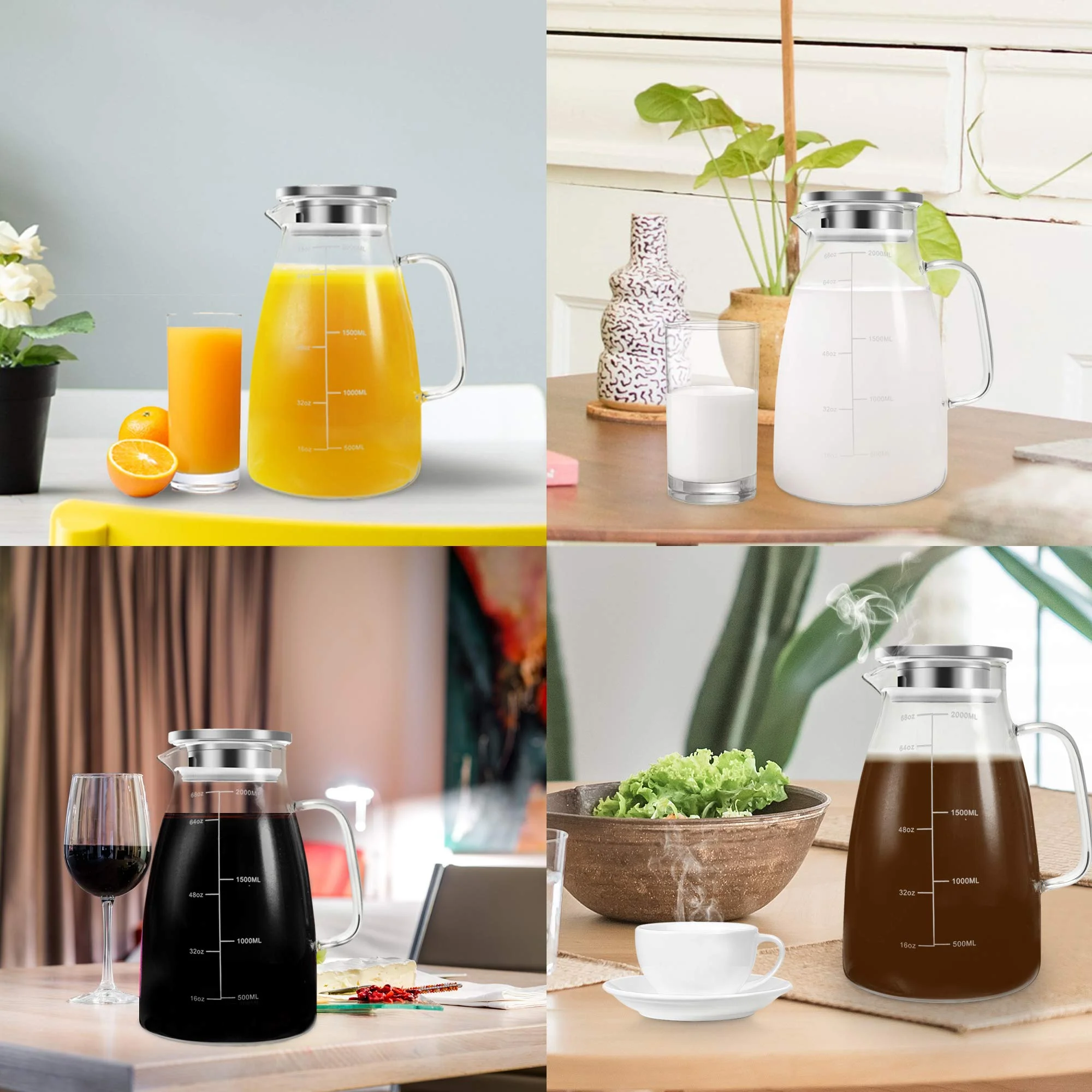 Glass Pitcher, 68oz Water Pitcher with Lid Stainless Steel Iced Tea Pitcher Clear Color