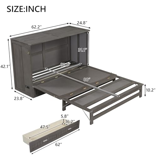 Harper & Bright Designs Queen Size Murphy Bed Cabinet, Solid Pine Wall Bed Chest with USB, Charging Station and Large Storage Drawer for Home Office or Small Room - Espresso