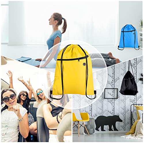 KUUQA 12Pcs Drawstring Backpack Bags Bulk with Zipper Pocket and Headphone Hole（Black）