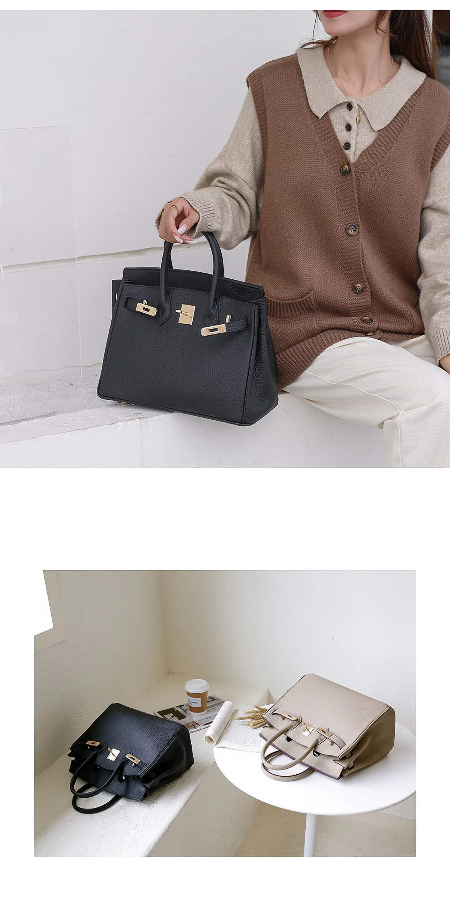 KAMUGO Leather Handbag for Women , Ladies Shoulder Bag Fashion Classic Lychee Pattern First Layer Cowhide Top Handle Satchel - black