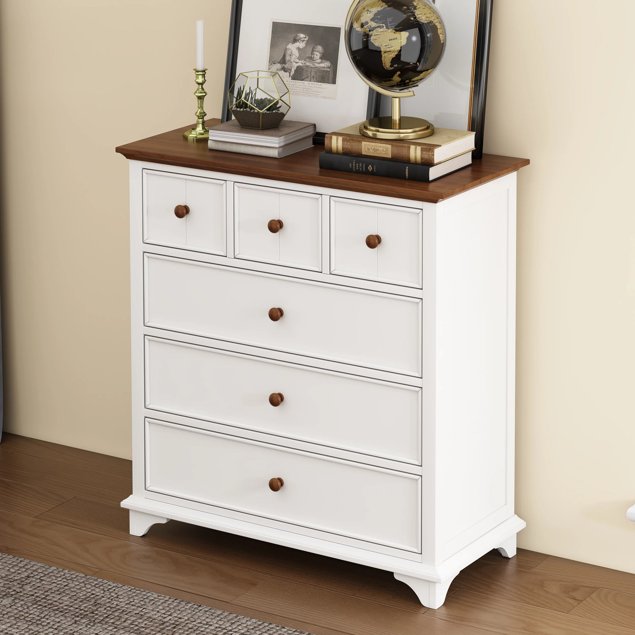 Wooden Captain Six-Drawer Chest for Bedroom, Living Room, Kids' Room, White+Walnut