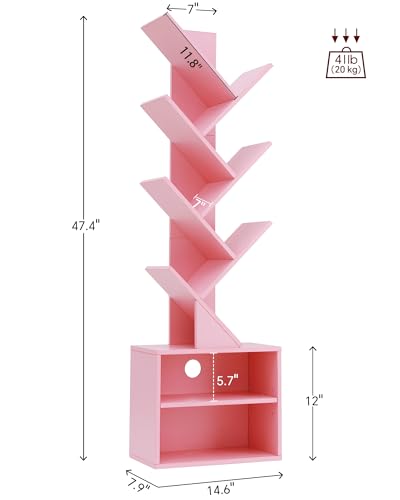 SUNMORY 6 Tier Tree Bookshelf, Tall Bookcase with Storage Cabinet, Modern Narrow Bookshelves Organizer, Floor Standing Book Shelf for Bedroom/Living Room/Home Office/Corner, Pink