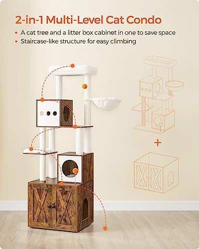 Feandrea Cat Tree with Litter Box Enclosure, 2-in-1 Modern Cat Tower, 70.8-Inch Tall Cat Condo with Scratching Posts, Perch, Caves, Basket, Washable Cushions, Heather Greige UPCT116G01
