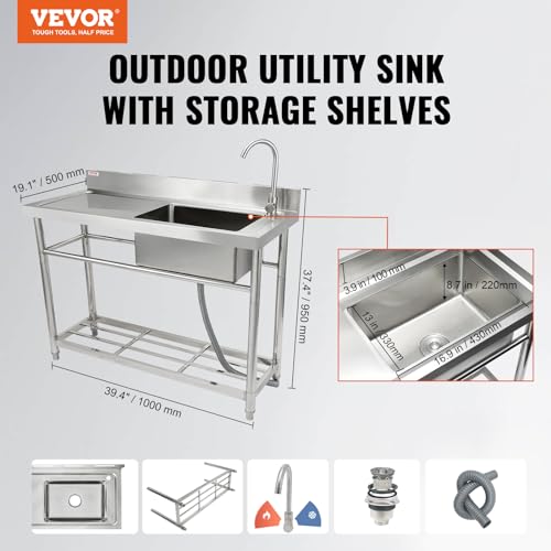 VEVOR Stainless Steel Utility Sink, 1 Compartment Free Standing Small Sink w/Workbench Faucet & legs, 39.4 x 19.1 x 37.4 in Commercial Single Bowl Sinks for Garage, Restaurant, Laundry