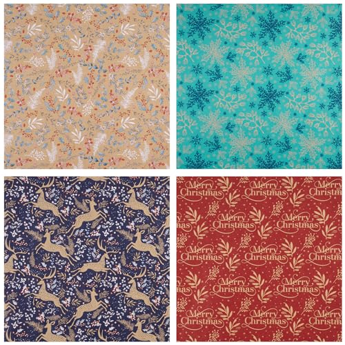 RUSPEPA Christmas Kraft Wrapping Paper - Owl, Reindeer, Christmas Ball and Text Design - 4 Rolls - 30 inches x 10 feet per Roll