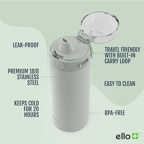 Ello Cooper 32oz Stainless Steel Water Bottle with Straw and Carry Handle, Double Walled and Vacuum Insulated Metal, Leak Proof Locking Lid with Soft Silicone Spout, Reusable, BPA Free, Yucca