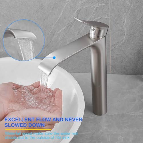 Tall Vessel Sink Faucet Bathroom Waterfall Faucet Brushed Gold Finished Single Handle Matte Black Vanity Bathroom Faucet Basin Mixer Tap with Water Supply Hose and Pop Up Sink Drain